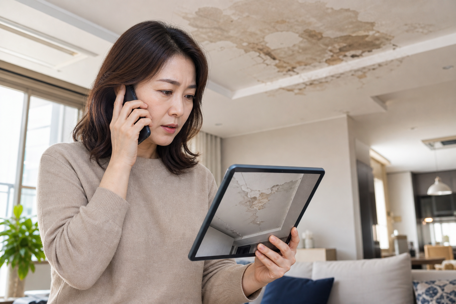 집수리 비용 상담을 위한 전화 통화 장면