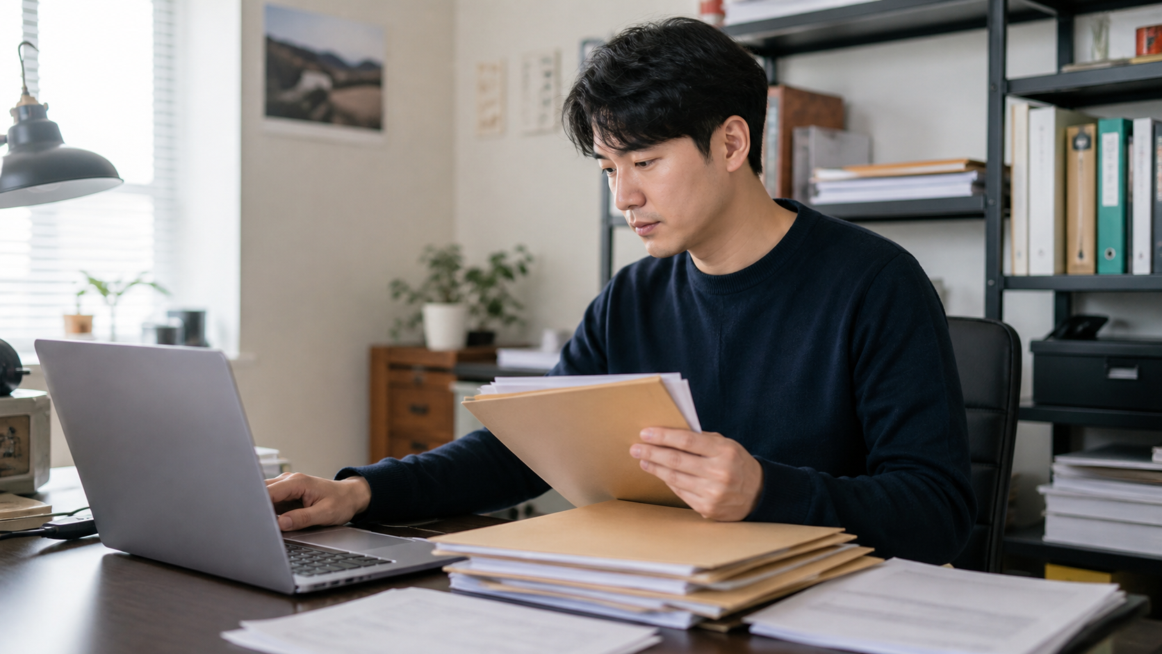 개인회생 금지명령 확인을 위해 서류를 대조하는 모습