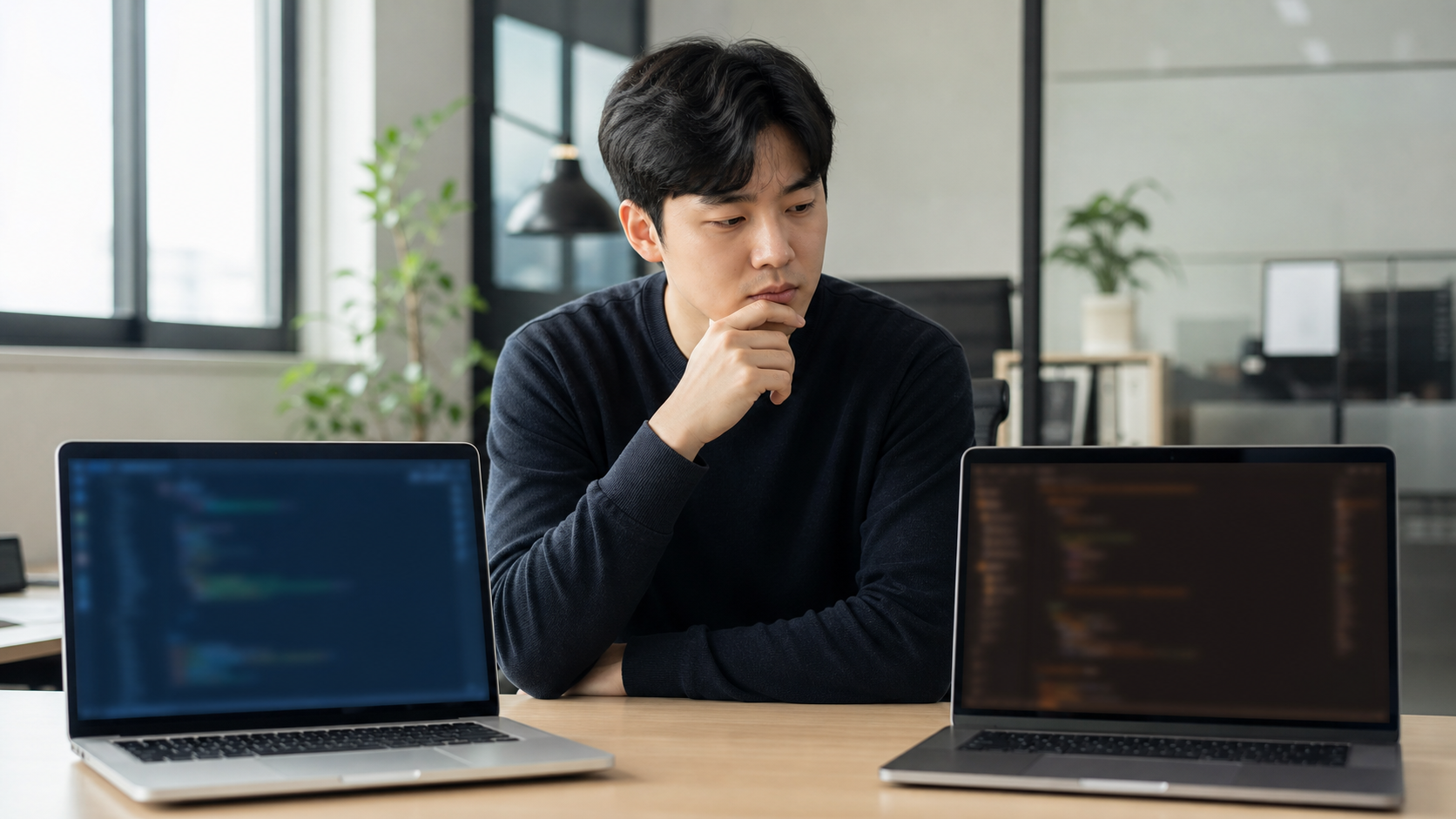 두 노트북을 비교하며 고민하는 사람