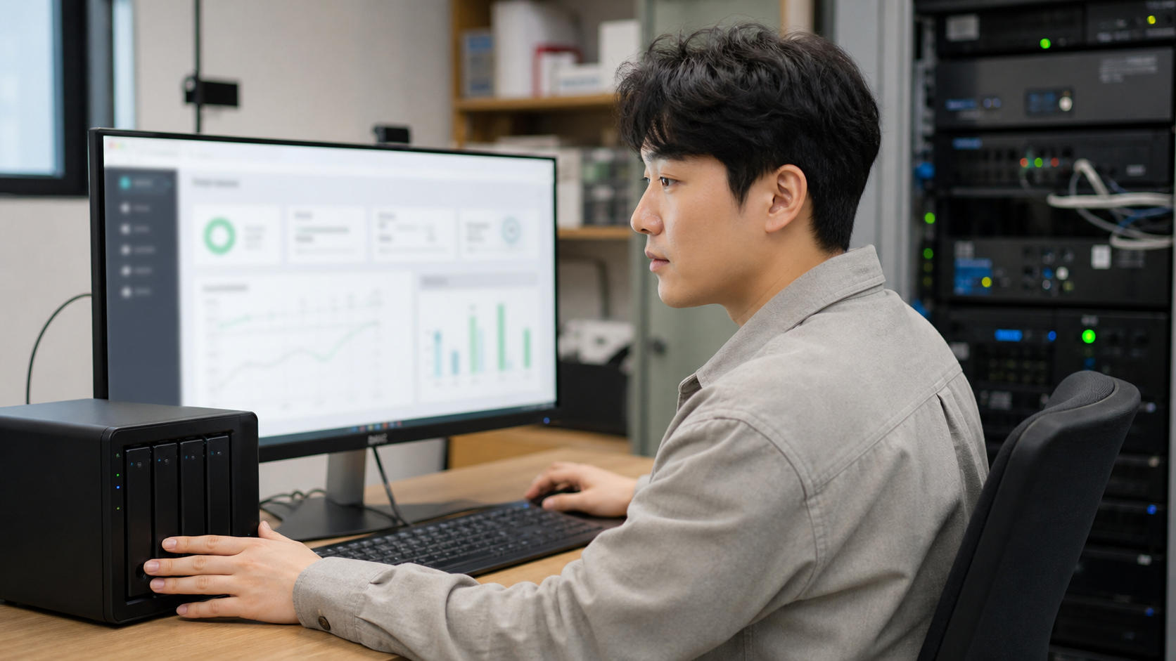 홈페이지 외주 업체 비교 자료를 검토하는 업무 장면