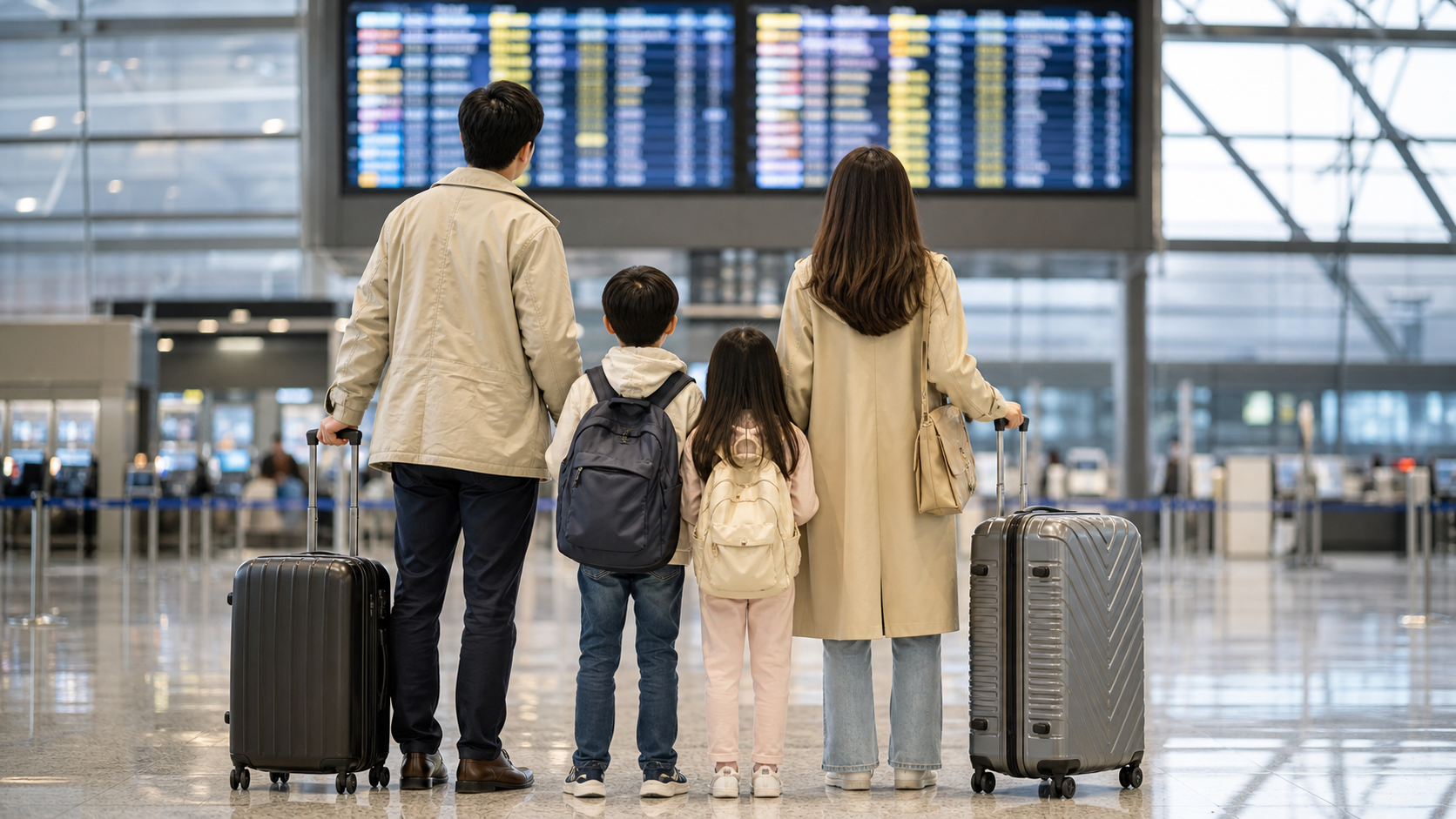 공항 출국장에서 전광판을 보는 가족