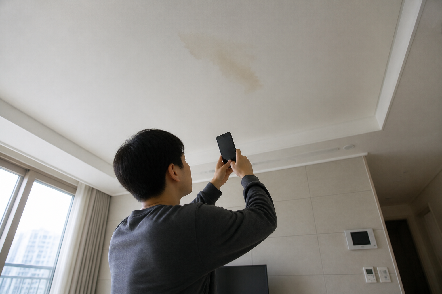 아파트 천장의 물자국 상태를 확인하고 기록하는 장면