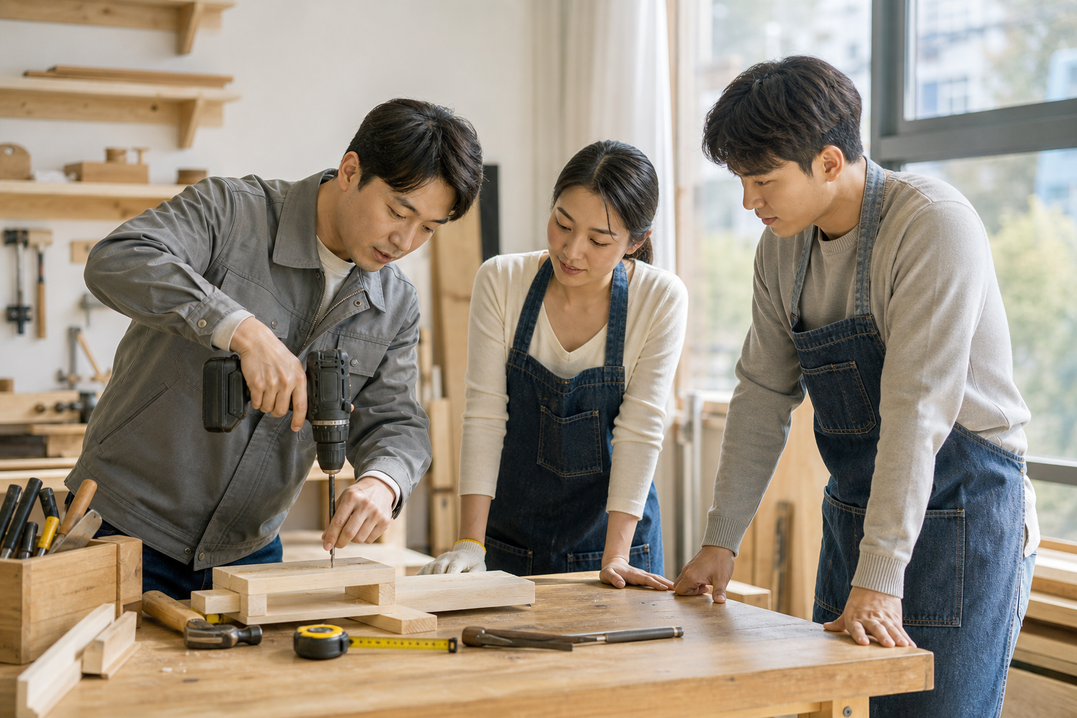 벽지 보수를 위한 풀과 주걱 준비 장면