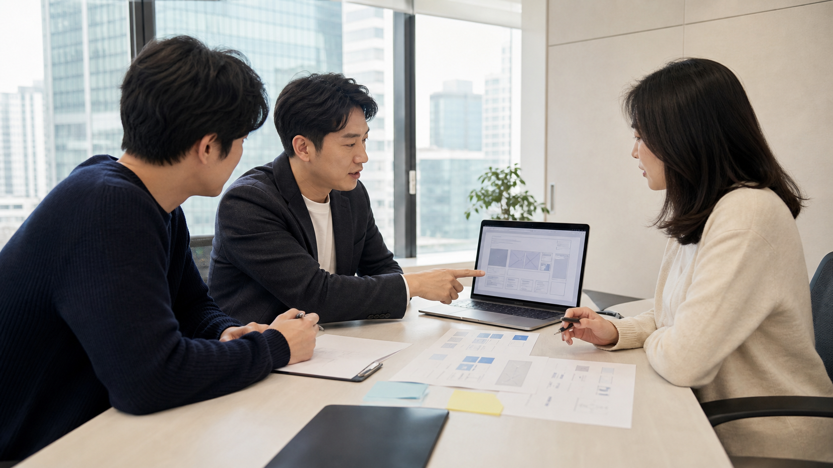 한국인 사업 담당자와 웹 제작팀이 비교표를 검토하는 장면