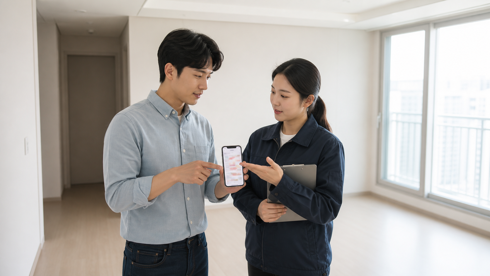 34평 아파트의 팬트리와 다용도실 선반 내부를 닦는 작업자