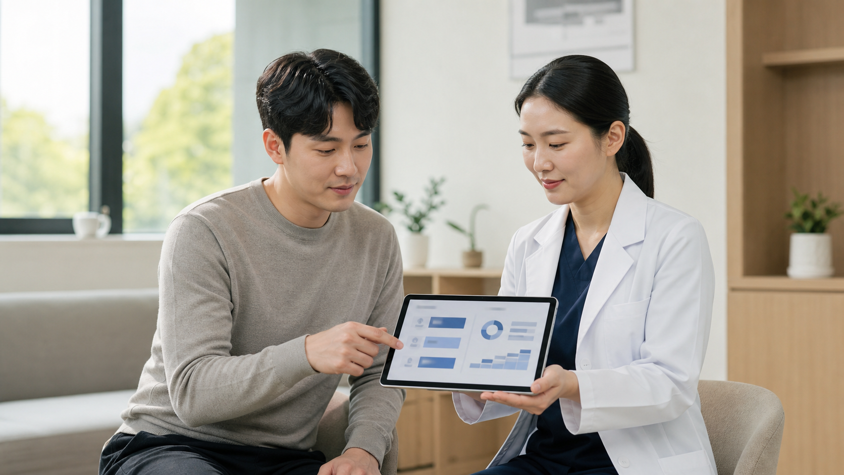 환자와 의료인이 비용 항목과 치료 계획을 살펴보는 상담 공간