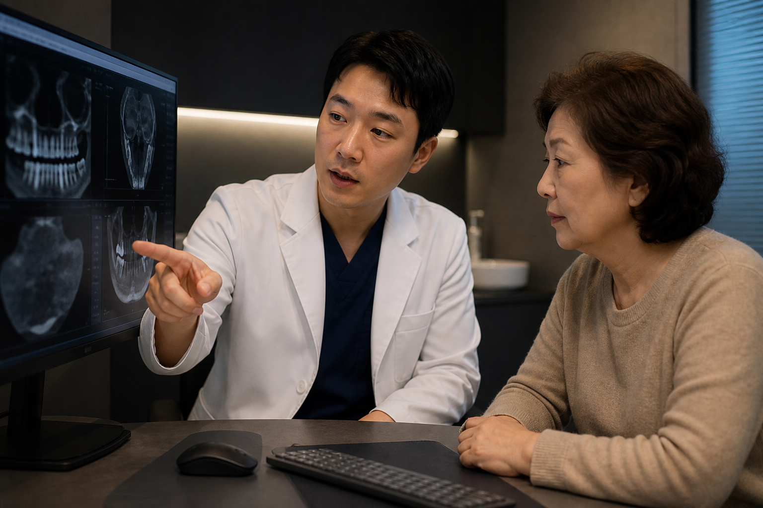 뼈이식 여부를 CT 영상으로 설명하는 치과의사