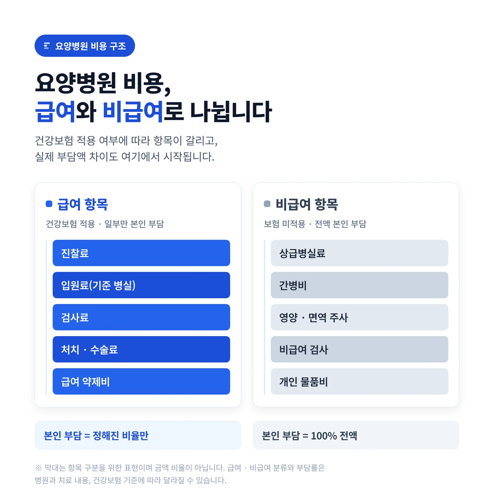 급여 항목과 비급여 항목 비교 인포그래픽