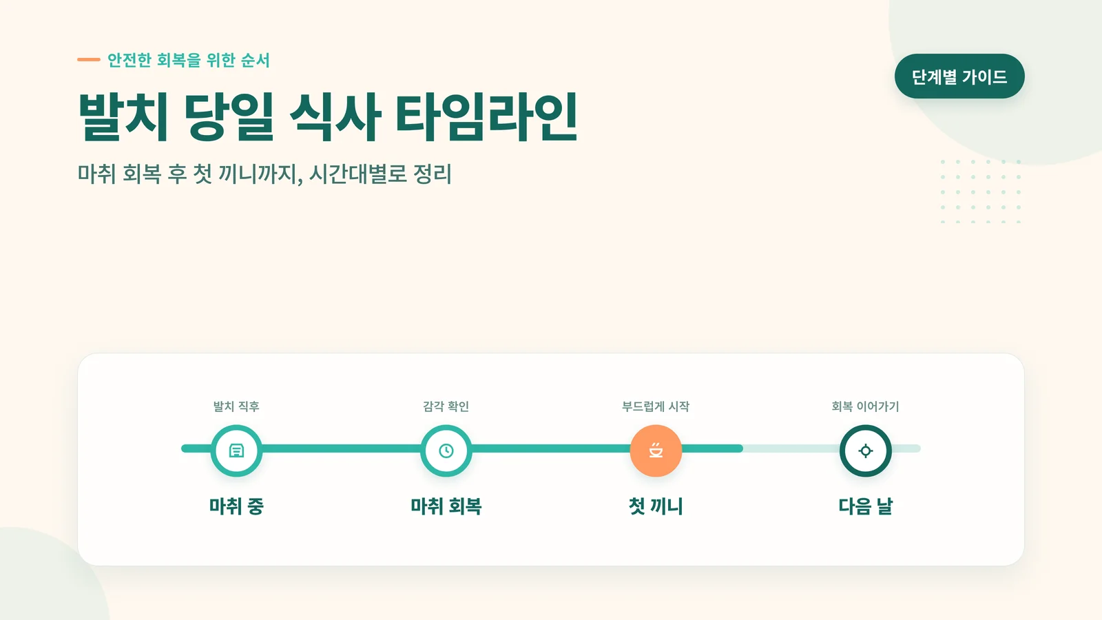 발치 당일 식사 타임라인 안내 — 마취 중, 마취 회복, 첫 끼니, 다음 날 4단계