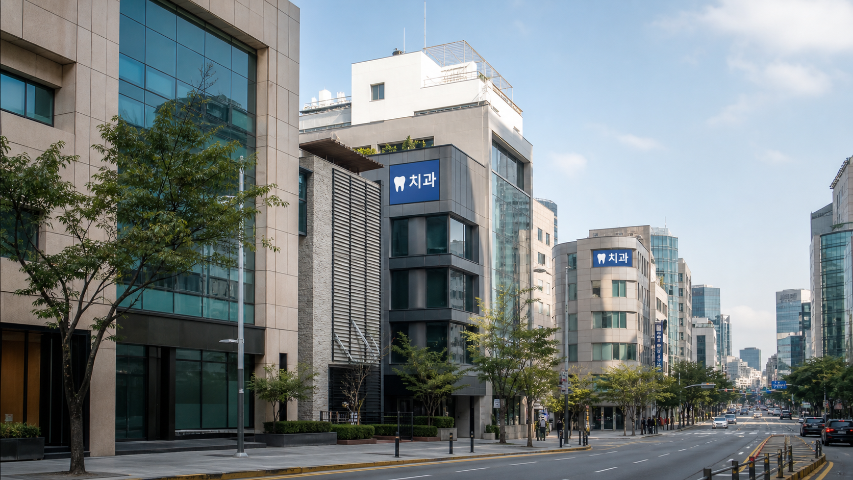 강남 지역 도심 거리와 치과 병원이 밀집한 풍경