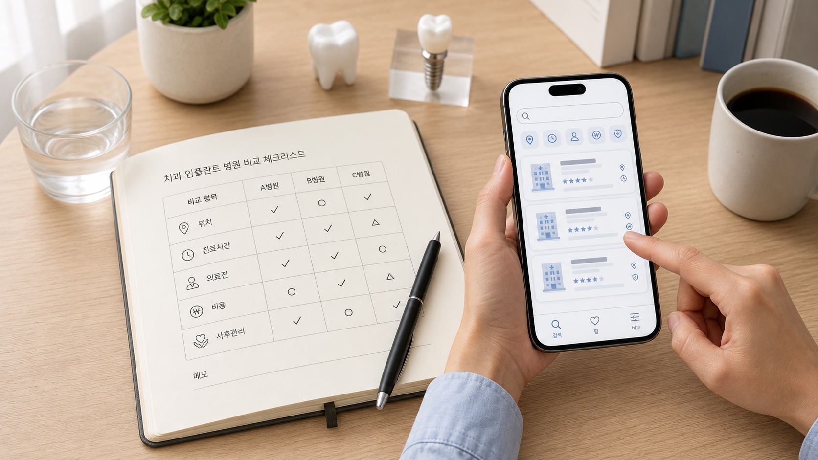 병원 정보 비교 체크리스트와 스마트폰으로 정보를 검색하는 모습