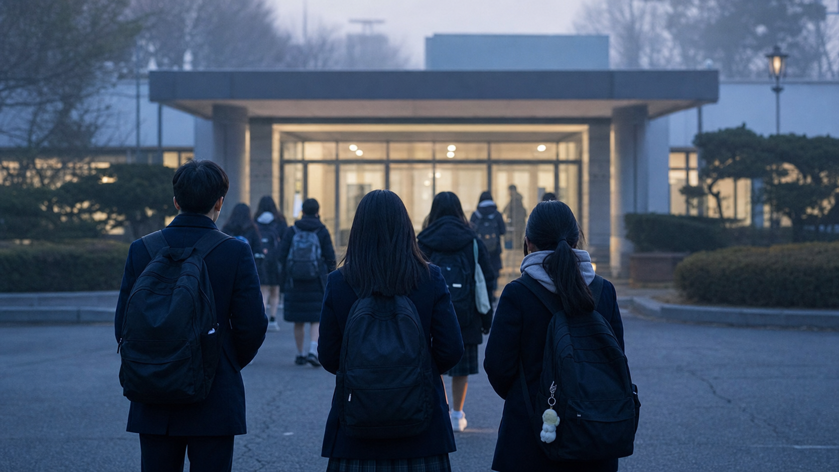 이른 아침 수능 시험장 앞에서 대기하는 교복 입은 학생들의 뒷모습