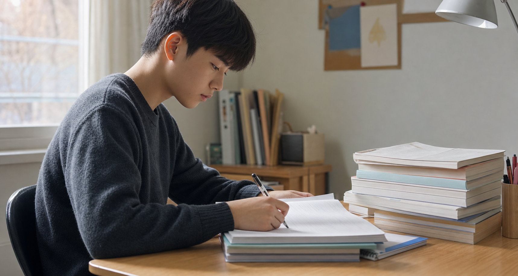 책상 위에 쌓인 문제집 앞에서 공부하는 학생의 옆모습