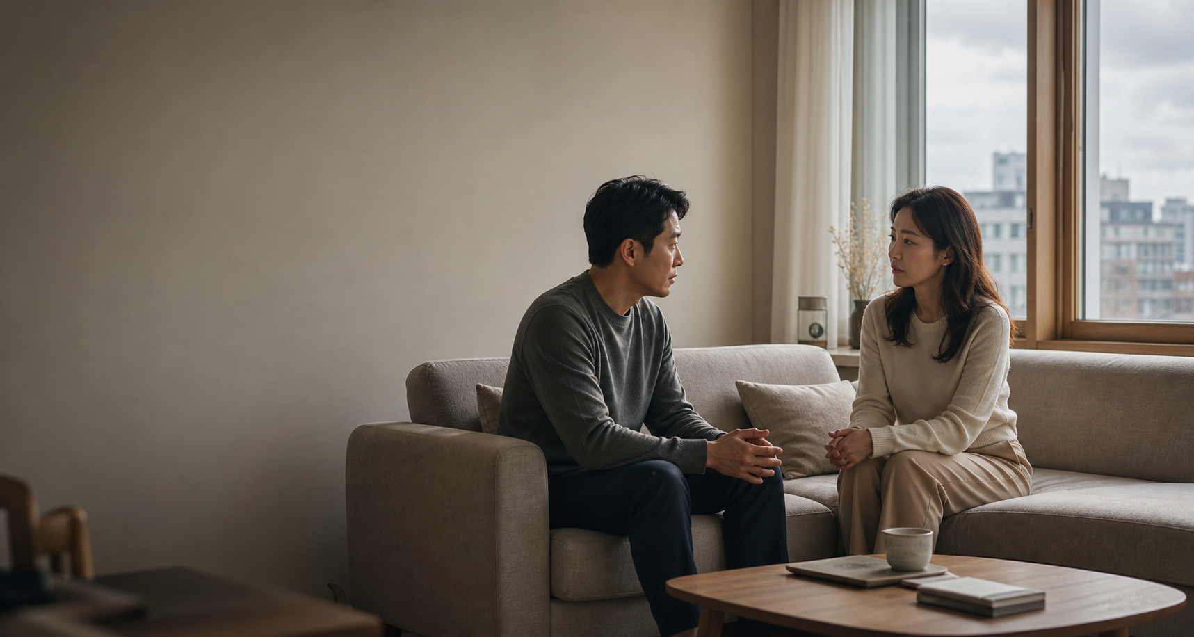 이혼 후 재결합을 고민하는 두 사람이 거실에서 차분히 대화하는 모습