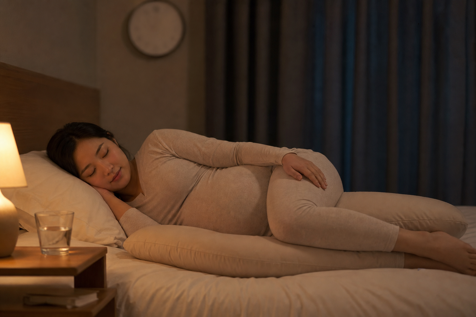 임산부 취침시간 관리 예시 — 밤 시간 침실에서 임산부가 왼쪽으로 누워 바디필로우를 다리 사이에 끼고 잠들 준비를 하는 모습