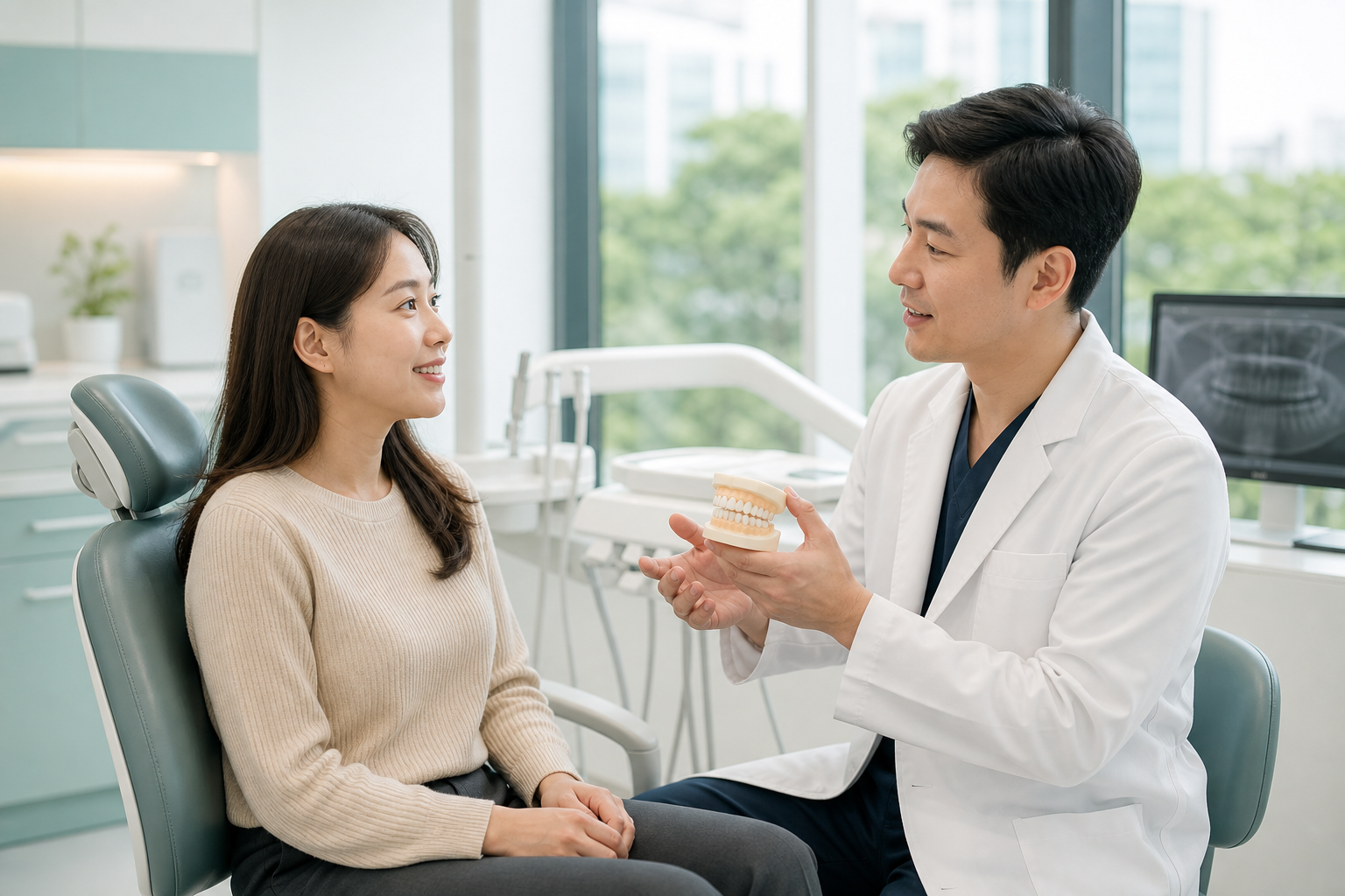 치과 크라운 상담 장면 - 지르코니아 크라운 설명