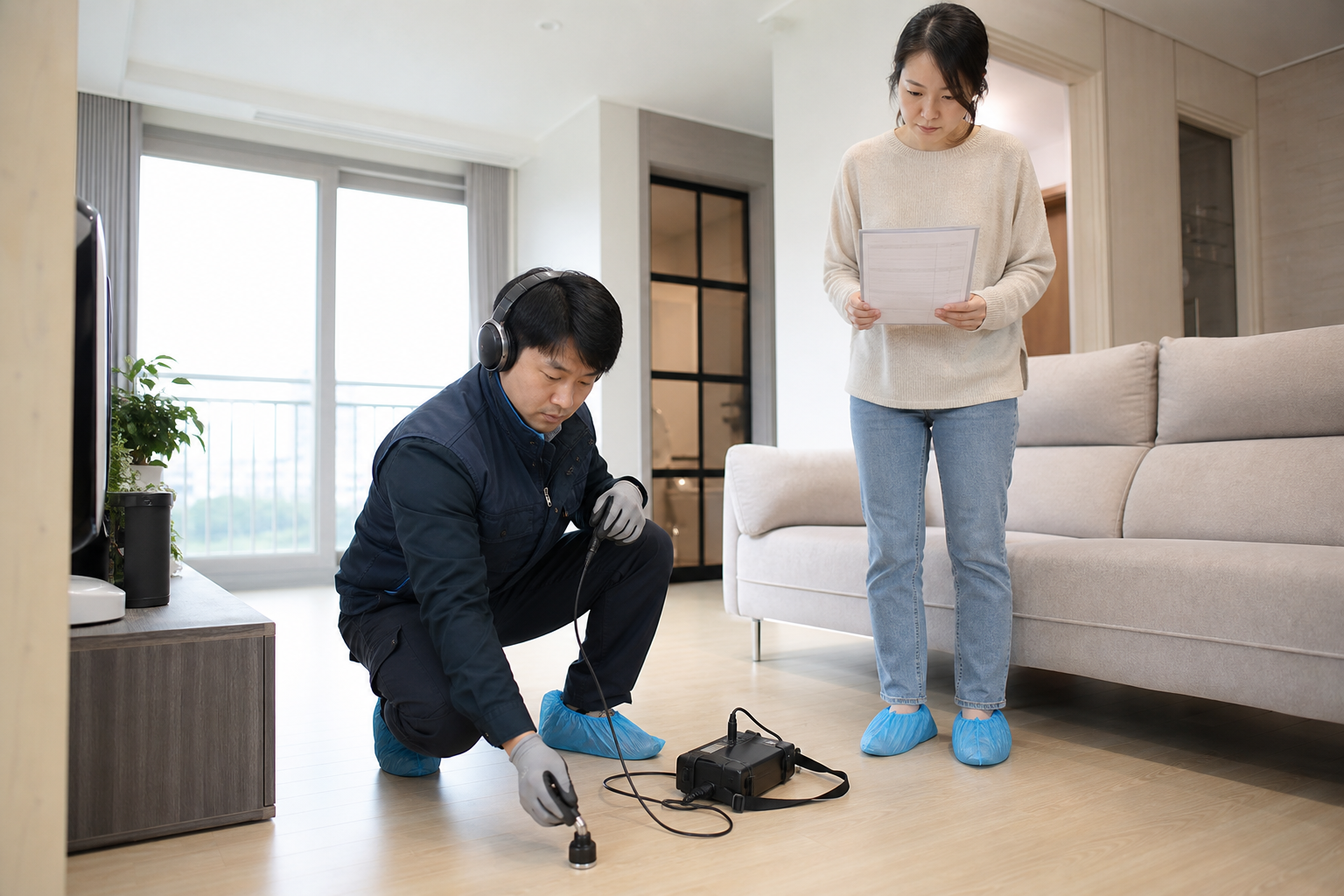 아파트 바닥 배관을 전문 장비로 점검하는 현장