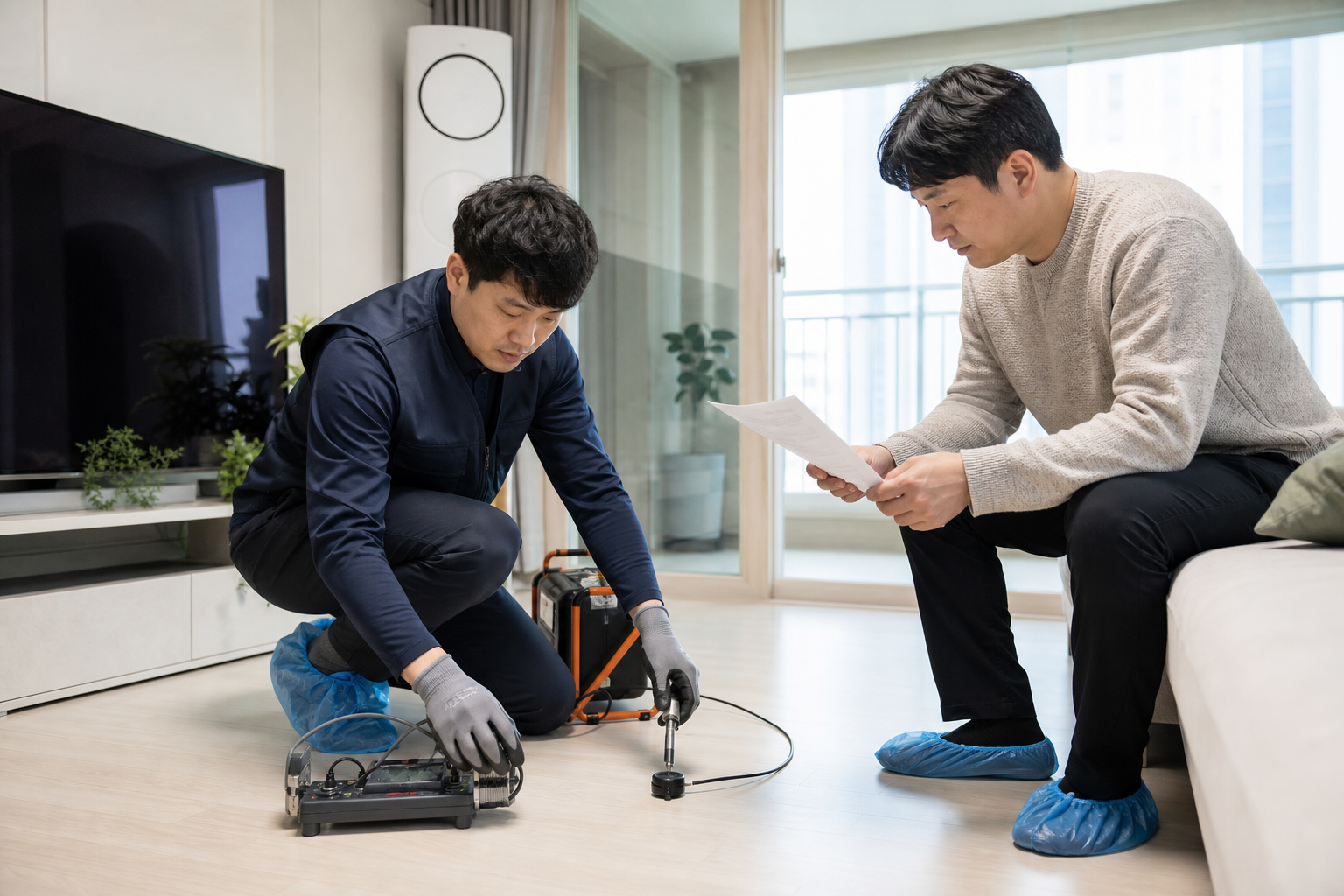 아파트 누수탐지 현장에서 기술자가 배관 구간을 전문 장비로 점검하는 모습