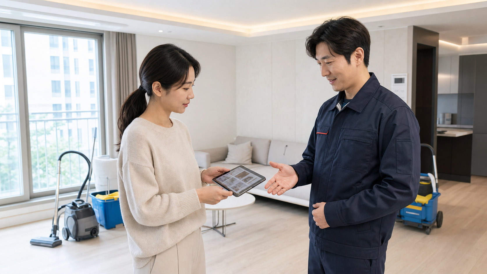 구축 아파트 주방 후드 주변 기름때를 세척하는 작업자
