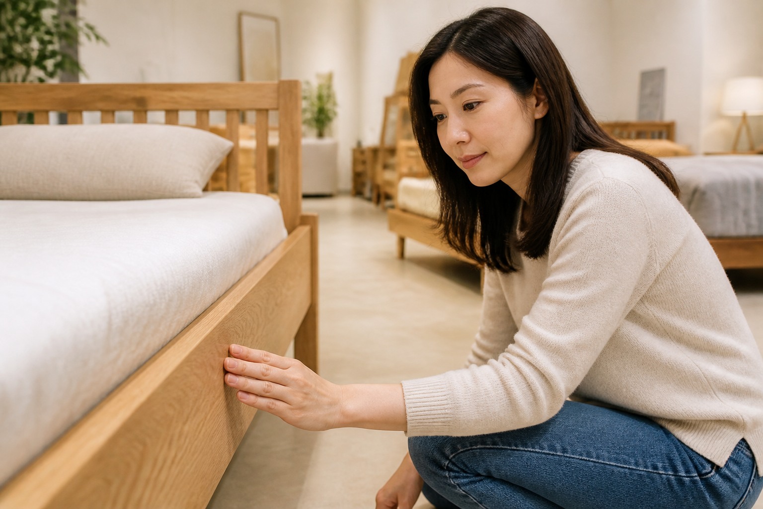 원목 침대 프레임의 사이드레일을 손으로 만지며 마감을 확인하는 모습