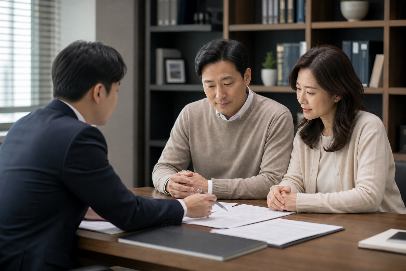 상속재산분할협의서에 상속인들이 서명하고 인감을 날인하는 모습