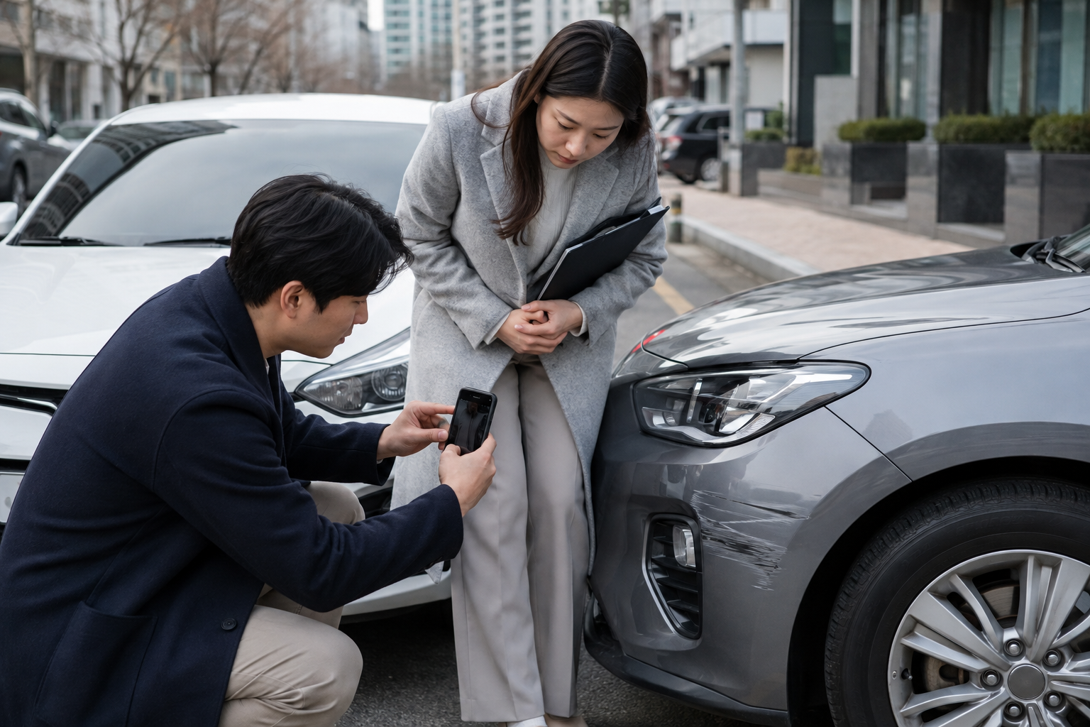 경미한사고 합의금을 확인하기 위해 사고 기록을 살펴보는 한국인 운전자
