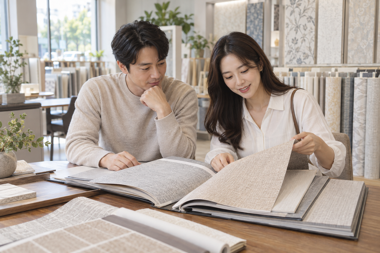 벽지 자재 선택을 설명하는 자료 이미지로, 매장 테이블에서 베이지와 그레이 계열 벽지 샘플북을 비교하는 모습
