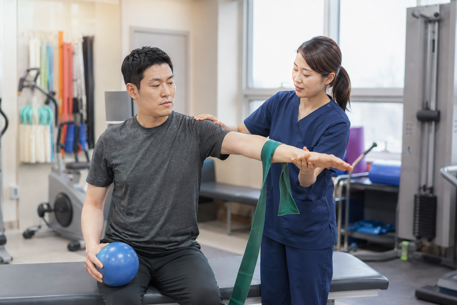 왼쪽어깨통증으로 재활 공간에서 전문가에게 어깨 가동 범위 운동을 안내받는 모습