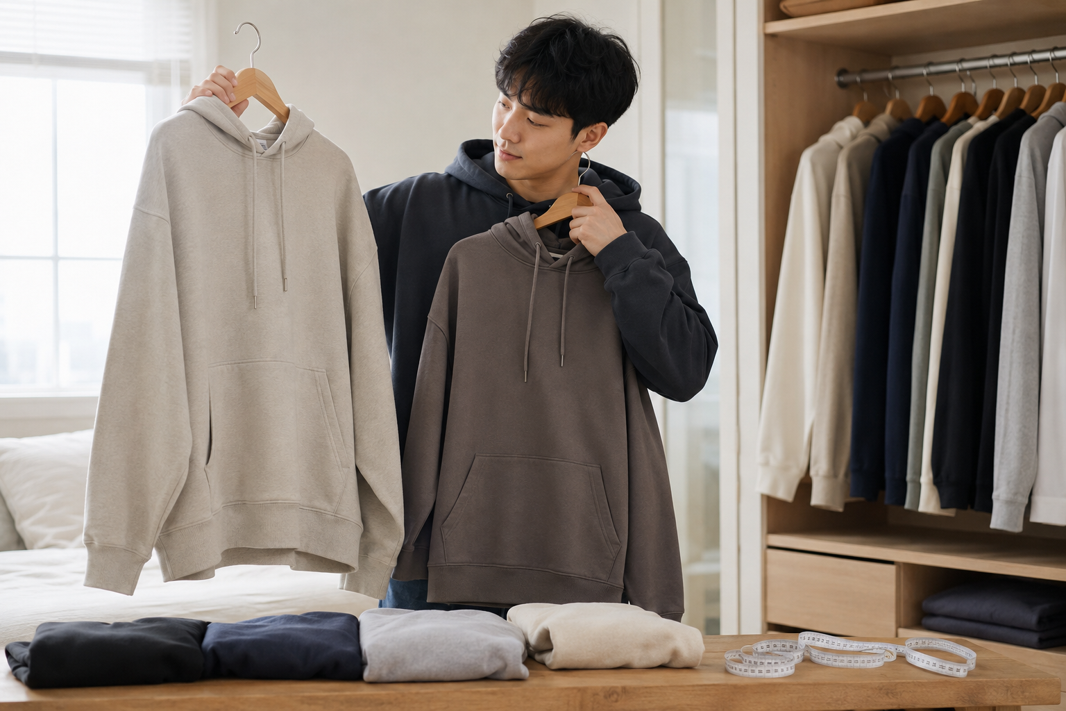 남자 후드티 사이즈를 고르기 위해 총장·가슴단면·어깨·소매를 실측하는 모습